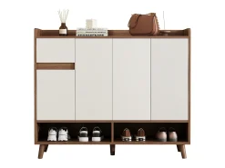 Merax Sapateira moderna - 120 x 35 x 99 cm - com 4 portas + 1 gaveta + prateleira ajustável - aglomerado - natural + branco^ Móvel De Arrumação|Sapateira