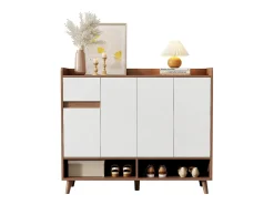 Merax Sapateira moderna - 120 x 35 x 99 cm - com 4 portas + 1 gaveta + prateleira ajustável - aglomerado - natural + branco^ Móvel De Arrumação|Sapateira