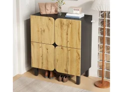 Móvel De Arrumação|Sapateira|Merax Sapateira moderna - 80 x 38,5 x 95 cm - com 4 portas + prateleiras ajustáveis - pés de ferro - MDF - natural + preto Natural claro