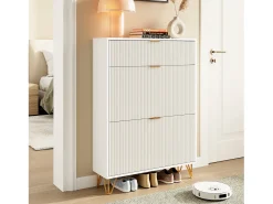 Discount Sapateira moderna branca com 3 gavetas de madeira, puxadores dourados e detalhes canelados. Branco