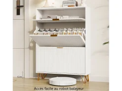 Discount Sapateira moderna branca com 3 gavetas de madeira, puxadores dourados e detalhes canelados. Branco