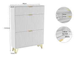 Discount Sapateira moderna branca com 3 gavetas de madeira, puxadores dourados e detalhes canelados. Branco