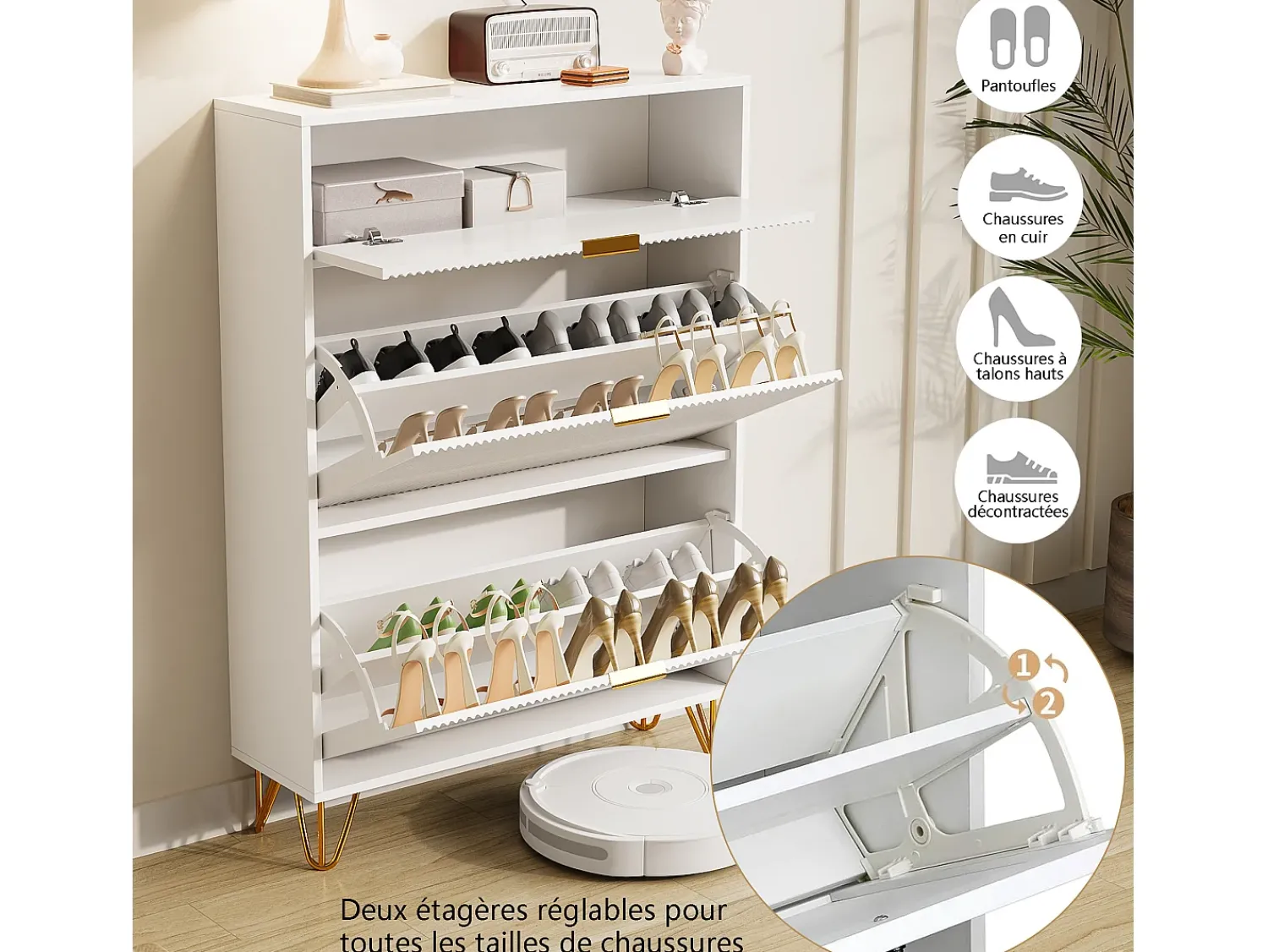 Discount Sapateira moderna branca com 3 gavetas de madeira, puxadores dourados e detalhes canelados. Branco