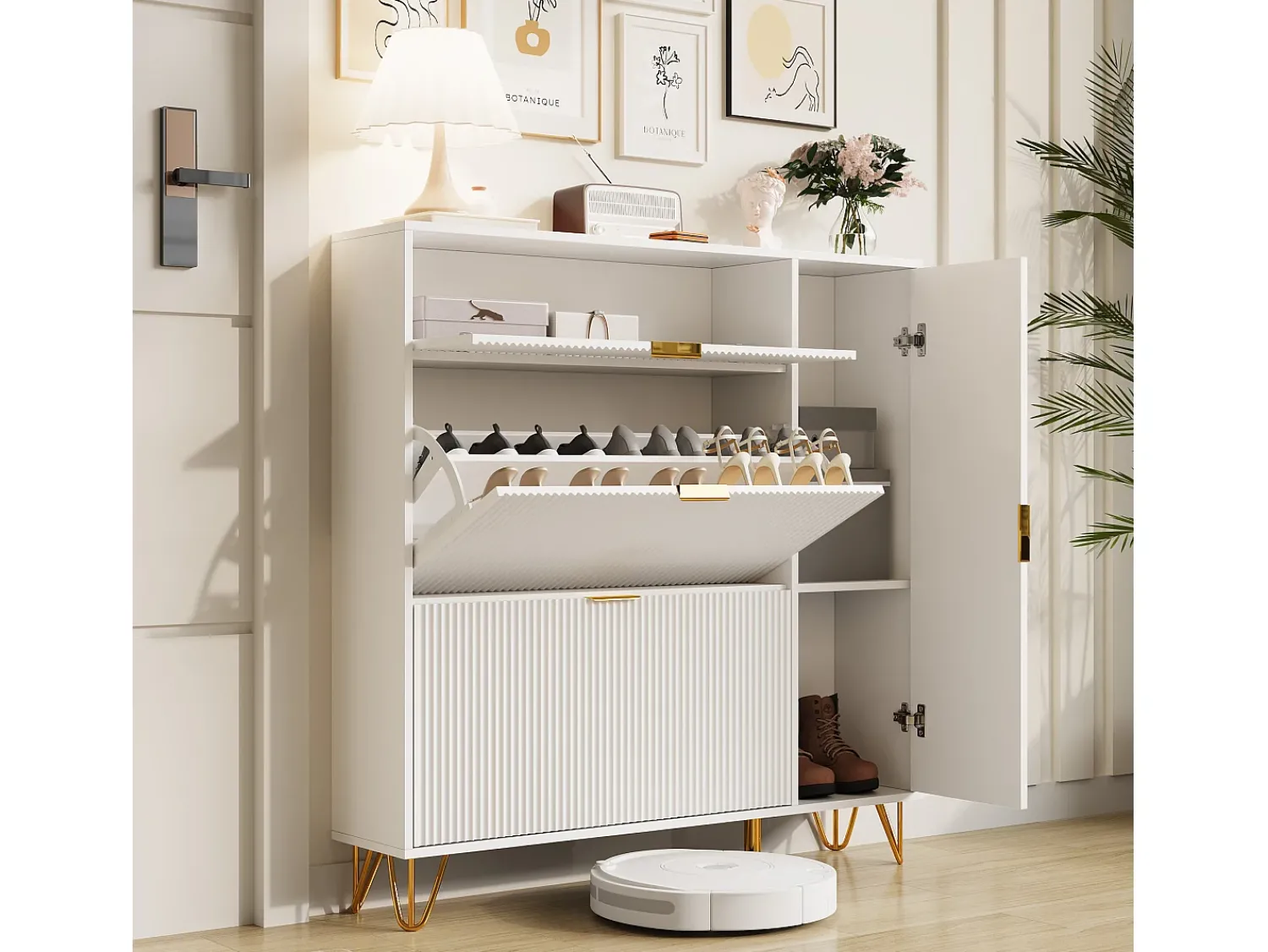 Sapateira Moderna com Armazenamento Regulável e Design Antiderrapante – Estilo Luxo Leve Branco