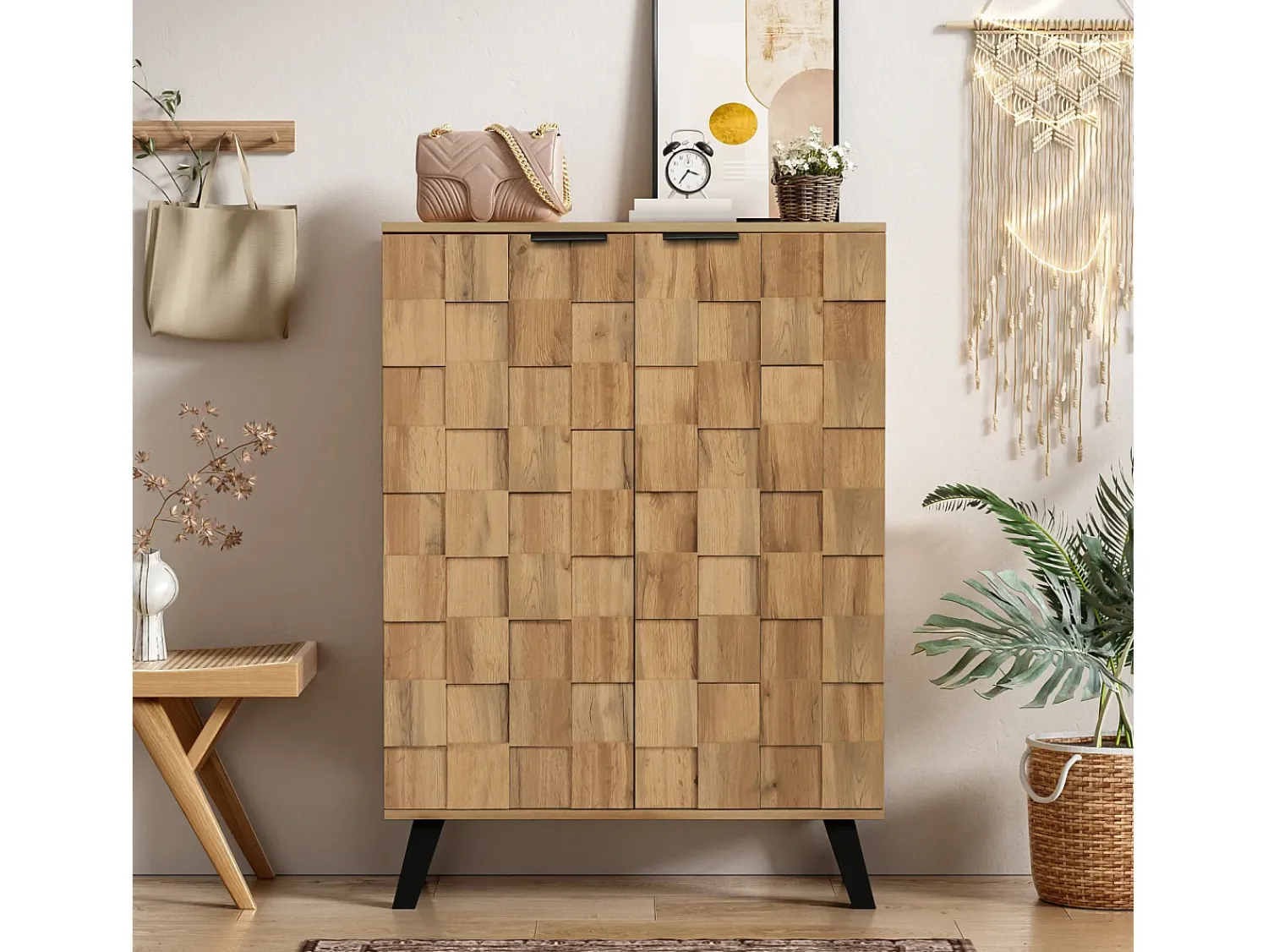 Móvel De Arrumação|Sapateira| Sapateira moderna com 5 compartimentos, armário de armazenamento com 2 portas, cor madeira Natural claro