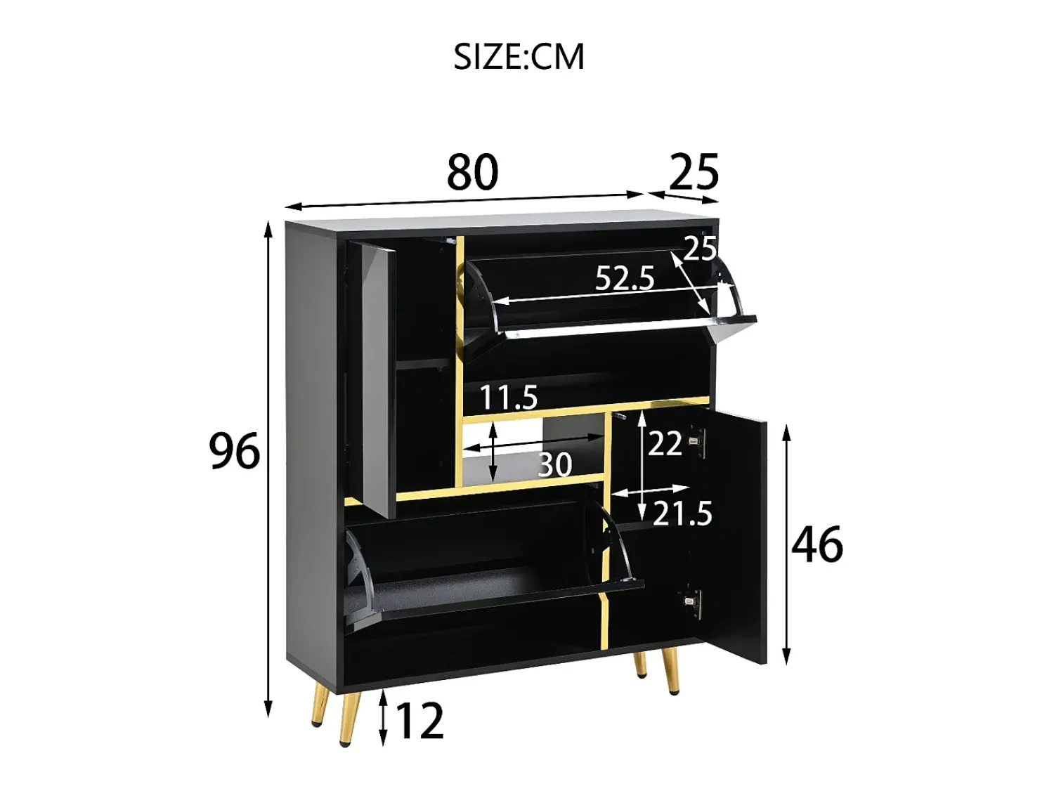 Móvel De Arrumação|Sapateira* Sapateira moderna com frentes brilhantes, portas de prateleiras ajustáveis, LEDs coloridos, preta Preto