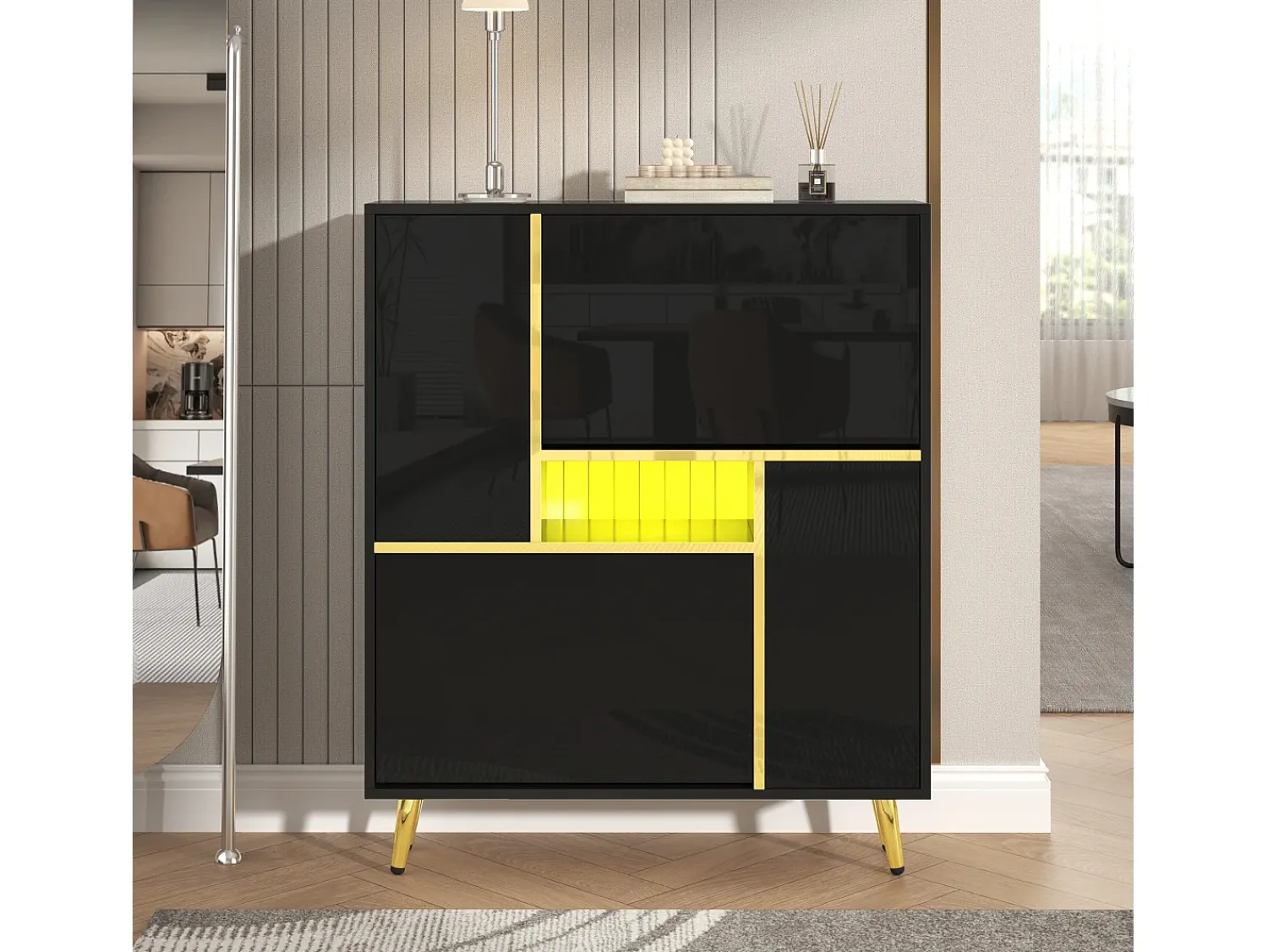 Móvel De Arrumação|Sapateira* Sapateira moderna com frentes brilhantes, portas de prateleiras ajustáveis, LEDs coloridos, preta Preto