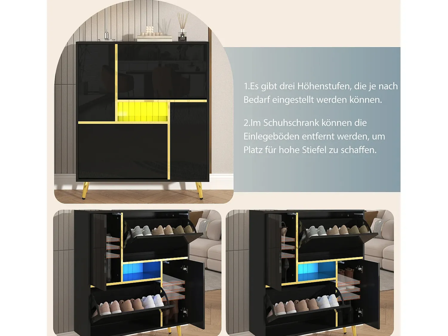 Móvel De Arrumação|Sapateira* Sapateira moderna com frentes brilhantes, portas de prateleiras ajustáveis, LEDs coloridos, preta Preto