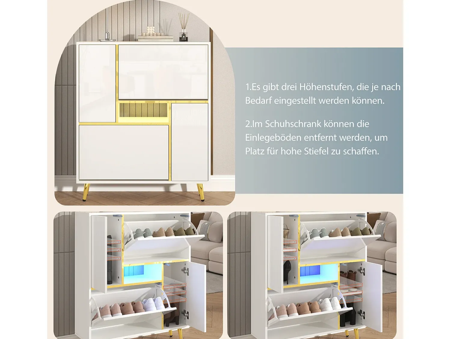 Móvel De Arrumação|Sapateira| Sapateira moderna com frentes brilhantes, portas de prateleiras ajustáveis, LEDs coloridos, Branco