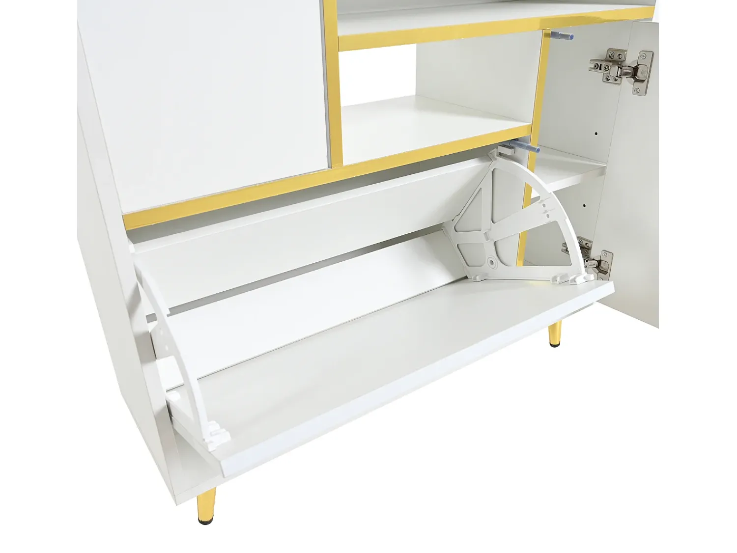 Móvel De Arrumação|Sapateira| Sapateira moderna com frentes brilhantes, portas de prateleiras ajustáveis, LEDs coloridos, Branco