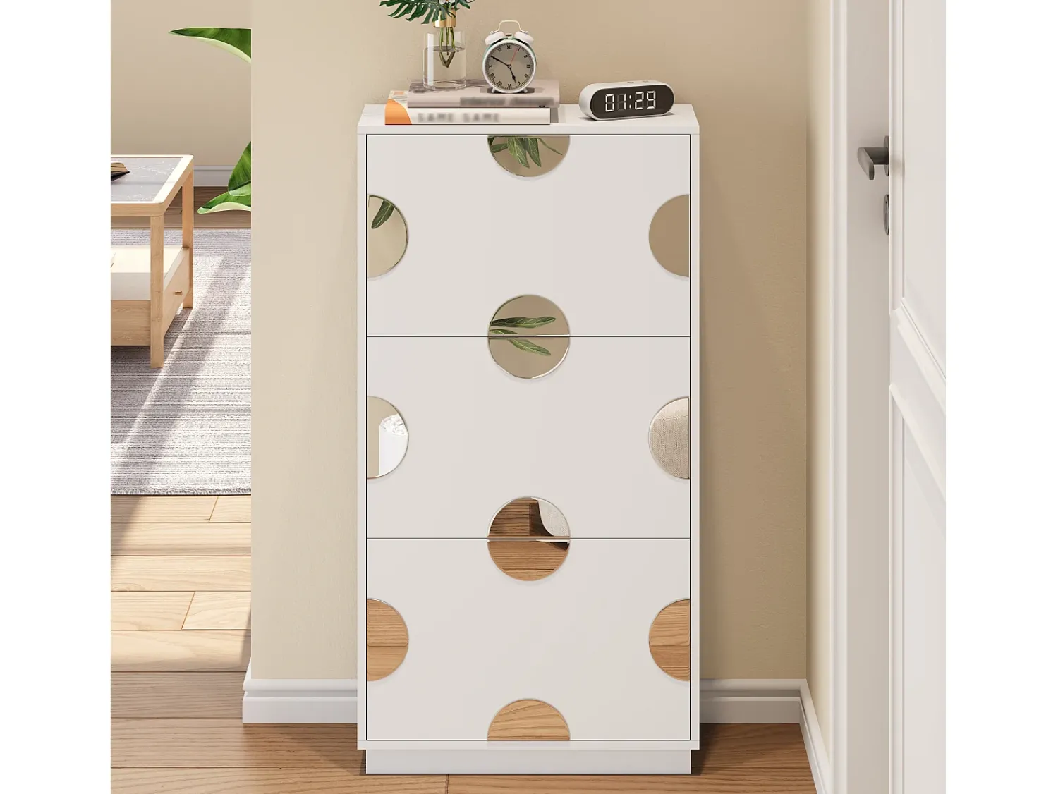 Móvel De Arrumação|Sapateira|Merax Sapateira moderna e exclusiva - 63 x 24 x 120 cm - com 3 portas + espelho redondo - MDF - branca Branco