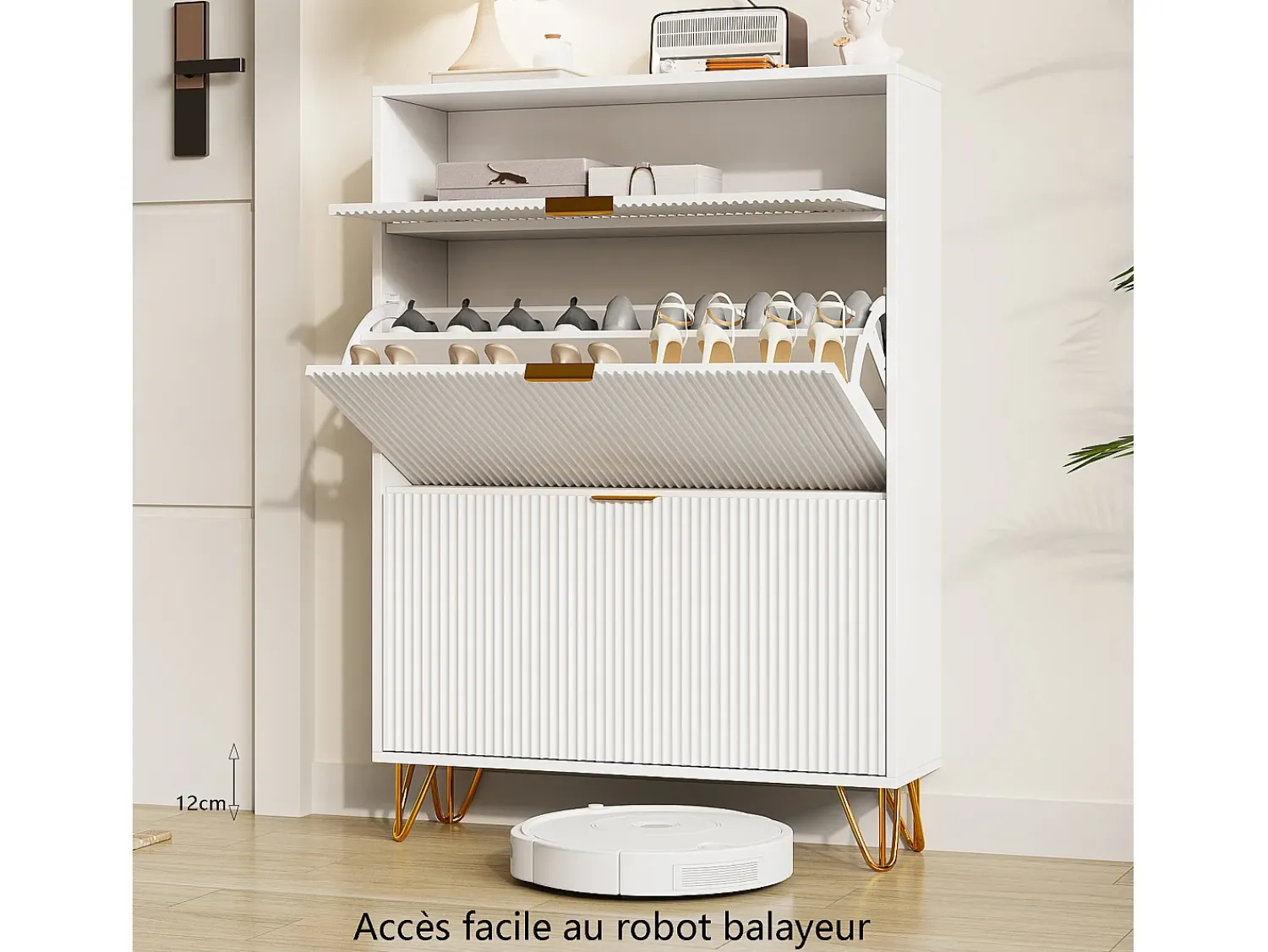 Sapateira Moderna em Madeira com 3 Portas Basculantes, Pés Metálicos Dourados e Design Anti-Queda – Armário de Sapatos Grande, , 49x29x120 cm^ Móvel De Arrumação|Sapateira