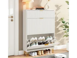 Sapateira Moderna em Madeira com 3 Portas Basculantes, Pés Metálicos Dourados e Design Anti-Queda – Armário de Sapatos Grande, , 49x29x120 cm^ Móvel De Arrumação|Sapateira