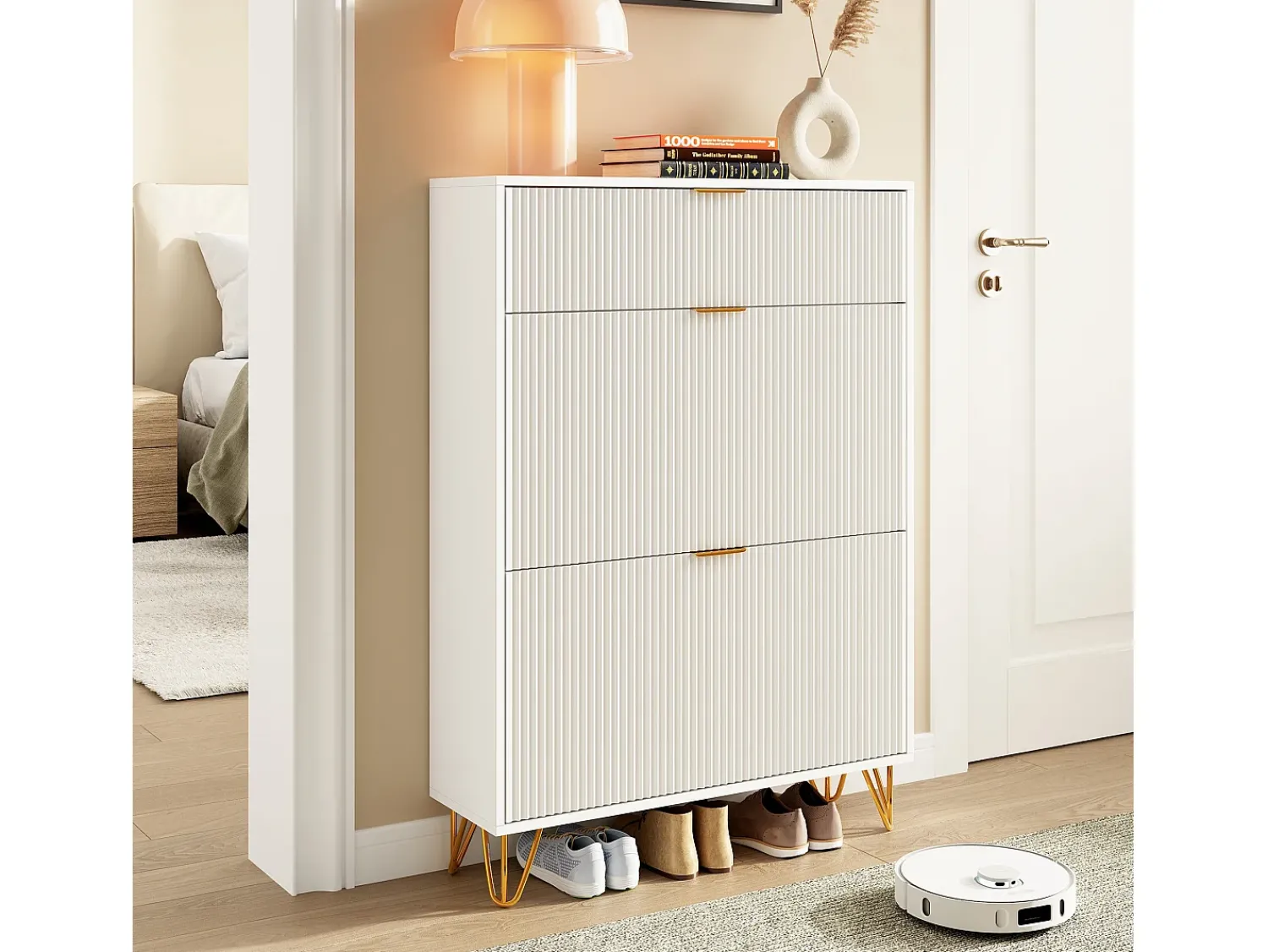 Sapateira Moderna em Madeira com 3 Portas Basculantes, Pés Metálicos Dourados e Design Anti-Queda – Armário de Sapatos Grande, , 49x29x120 cm^ Móvel De Arrumação|Sapateira