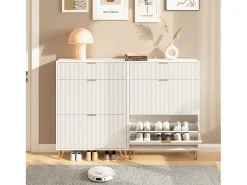 Sapateira Moderna em Madeira com 3 Portas Basculantes, Pés Metálicos Dourados e Design Anti-Queda – Armário de Sapatos Grande, , 49x29x120 cm^ Móvel De Arrumação|Sapateira