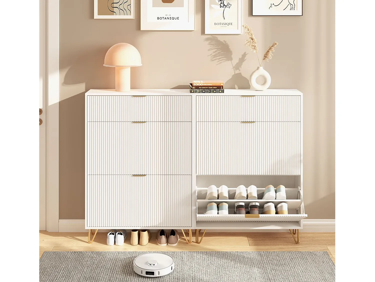 Sapateira Moderna em Madeira com 3 Portas Basculantes, Pés Metálicos Dourados e Design Anti-Queda – Armário de Sapatos Grande, , 49x29x120 cm^ Móvel De Arrumação|Sapateira