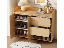 Discount Merax Sapateira móvel - 110 x 35 x 86 cm - com 2 gavetas + 1 porta - MDF - natural Natural claro
