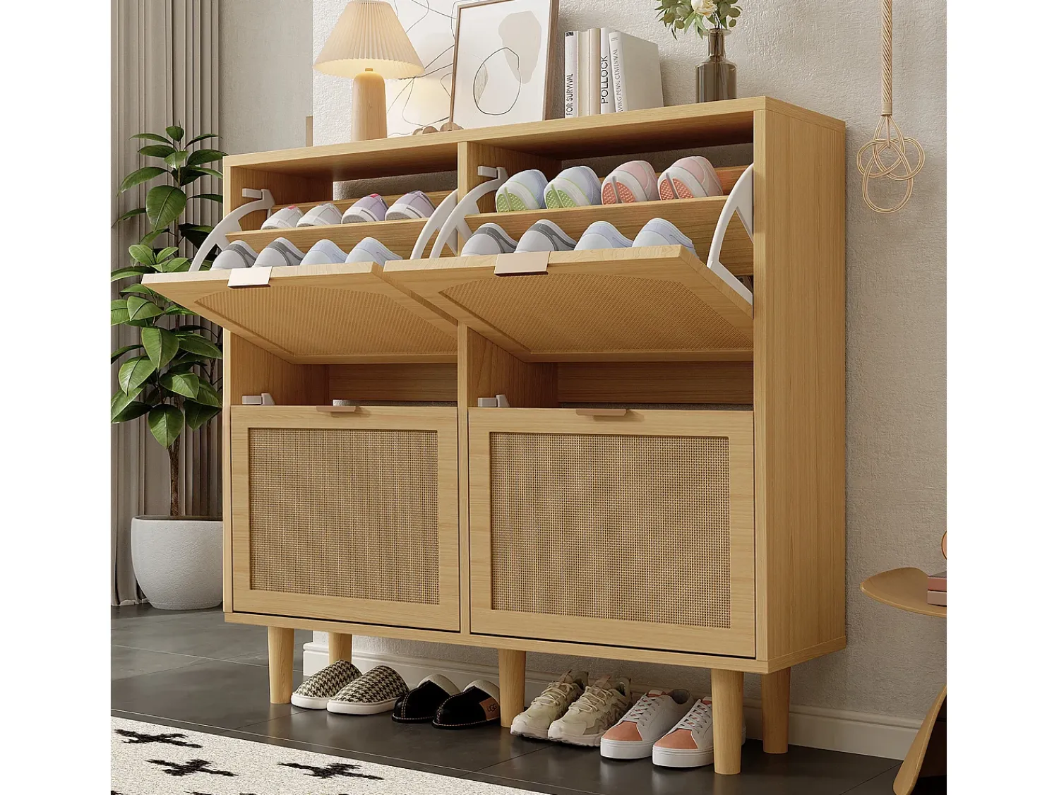 Móvel De Arrumação|Sapateira|Hauss Spole Sapateira natural clara com 4 portas, puxadores em metal 100x25x90,3cm Natural claro