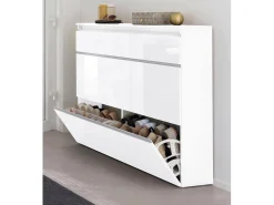 Clearance Dmora Sapateira Piero, Armário multiuso com 2 portas e 1 porta basculante, Sapateira de entrada, 100% Fabricado na Itália, 120x27h108 cm, brilhante Branco