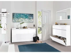 Clearance Dmora Sapateira Piero, Armário multiuso com 2 portas e 1 porta basculante, Sapateira de entrada, 100% Fabricado na Itália, 120x27h108 cm, brilhante Branco
