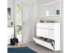 Clearance Dmora Sapateira Piero, Armário multiuso com 2 portas e 1 porta basculante, Sapateira de entrada, 100% Fabricado na Itália, 120x27h108 cm, brilhante Branco