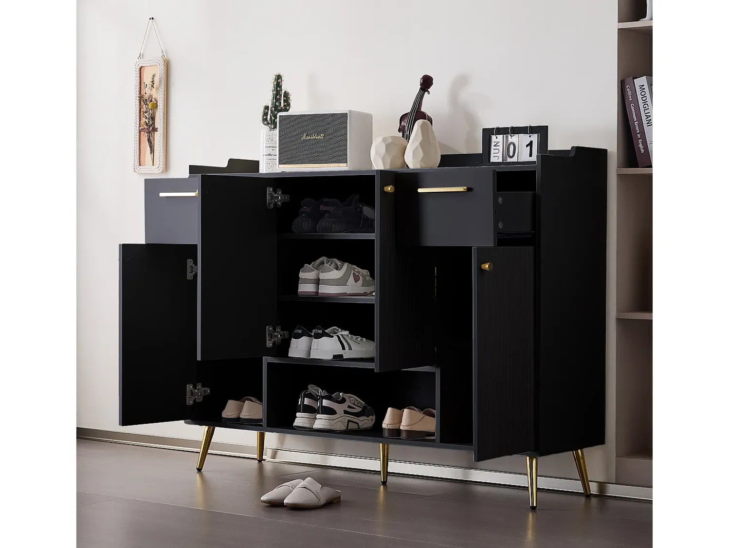 Discount Hauss Spole Sapateira preta com 2 gavetas e 4 portas, pés em metal 130x37x100cm Preto