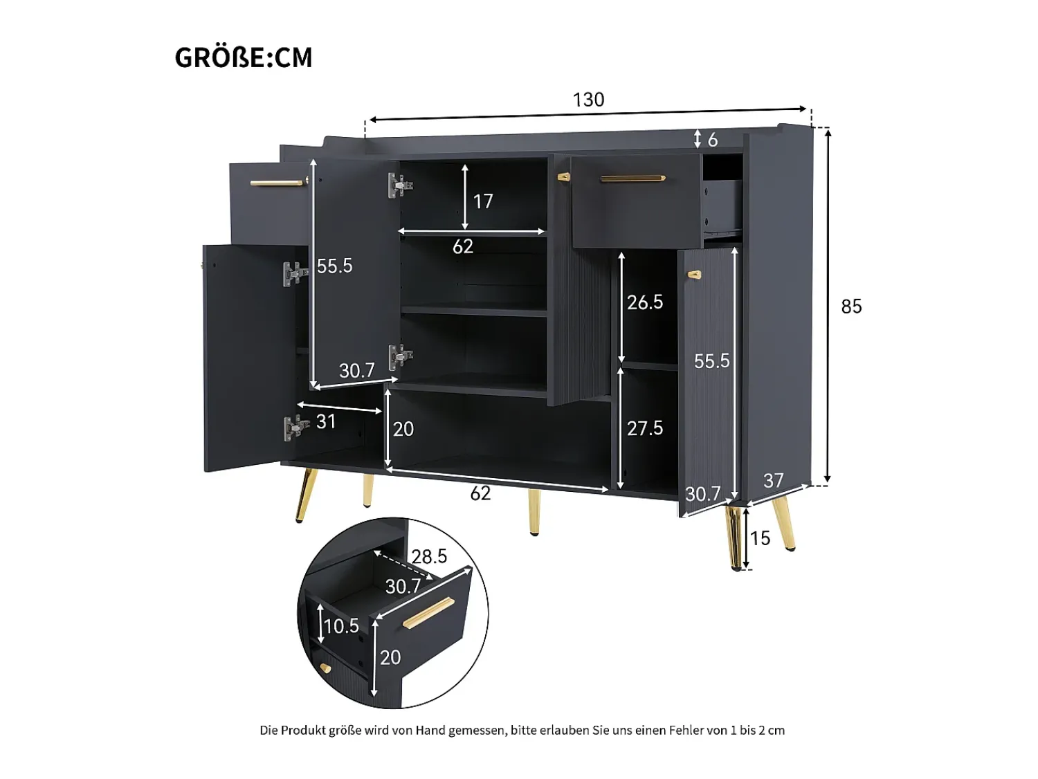 Discount Hauss Spole Sapateira preta com 2 gavetas e 4 portas, pés em metal 130x37x100cm Preto