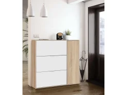 Móvel De Arrumação|Sapateira|Dmora Sapateira Provo, sapateira de 4 portas, armário baixo multiuso com 5 prateleiras, sapateira moderna, 106x22h115 cm, carvalho e branco Castanho