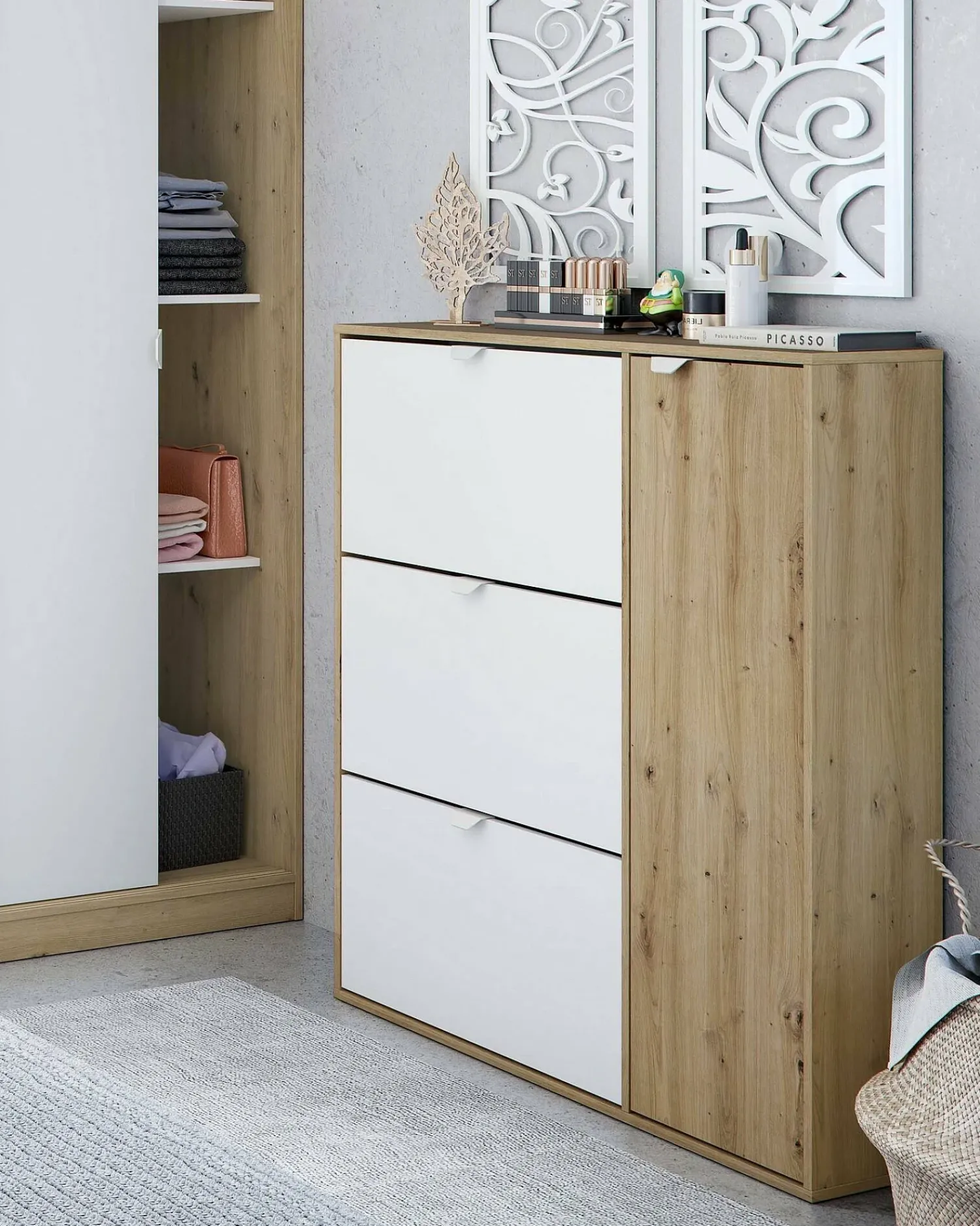 Dmora Sapateira Tok, sapateira de entrada com 4 portas, sapateira que economiza espaço, 105x24h112 cm, e Carvalho^ Móvel De Arrumação|Sapateira