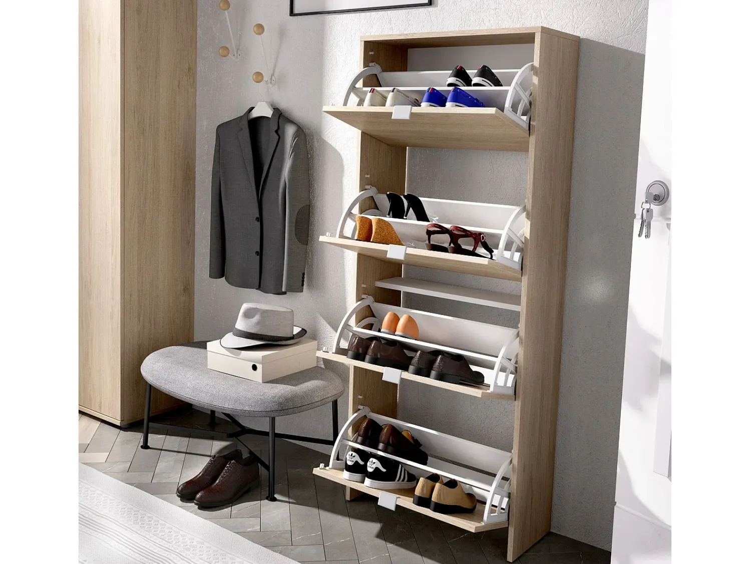 Dmora Sapateira Vettore, sapateira de entrada que economiza espaço, sapateira com 4 portas dobráveis, 61x25h149 cm, carvalho^ Móvel De Arrumação|Sapateira