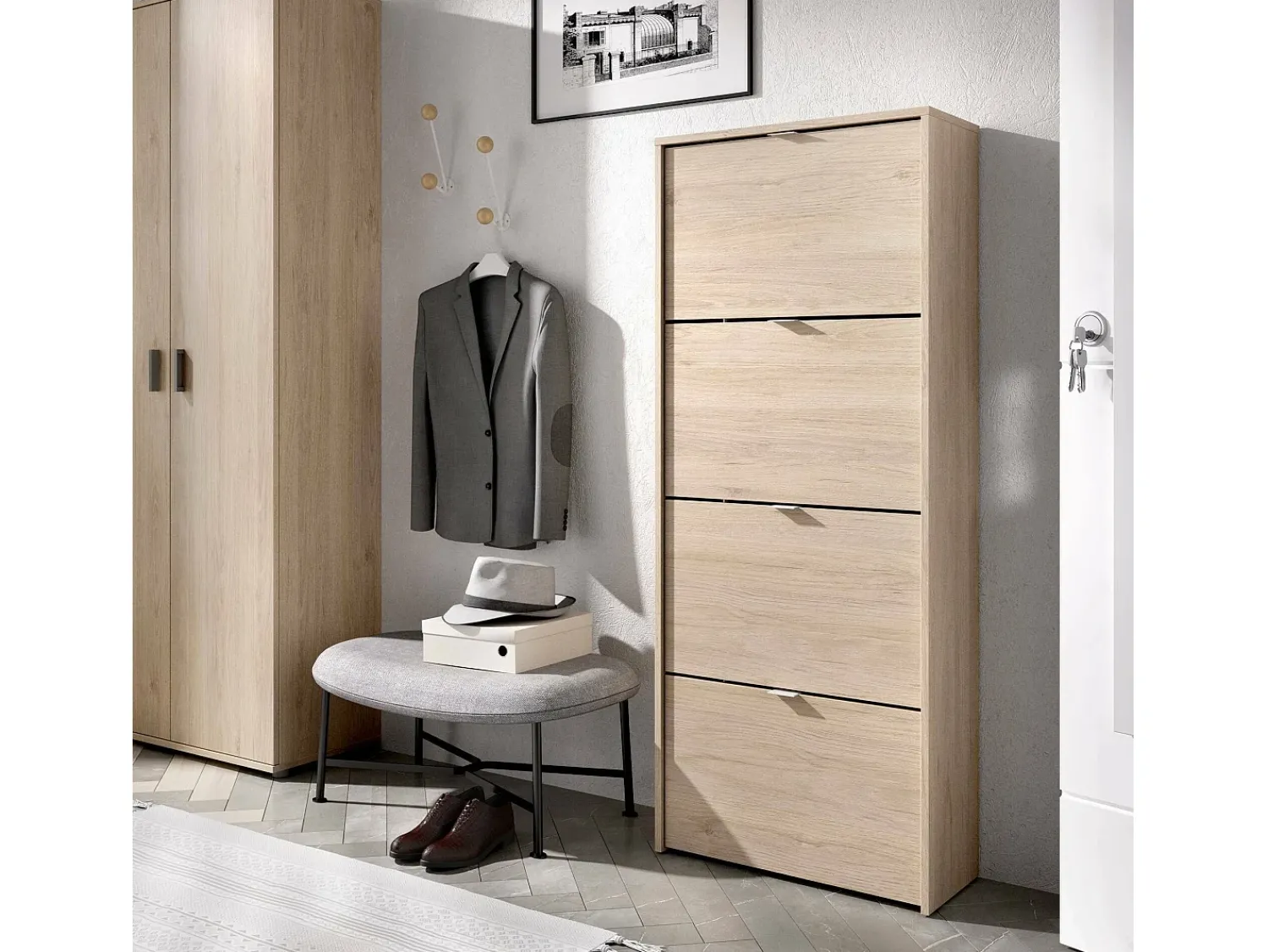 Dmora Sapateira Vettore, sapateira de entrada que economiza espaço, sapateira com 4 portas dobráveis, 61x25h149 cm, carvalho^ Móvel De Arrumação|Sapateira