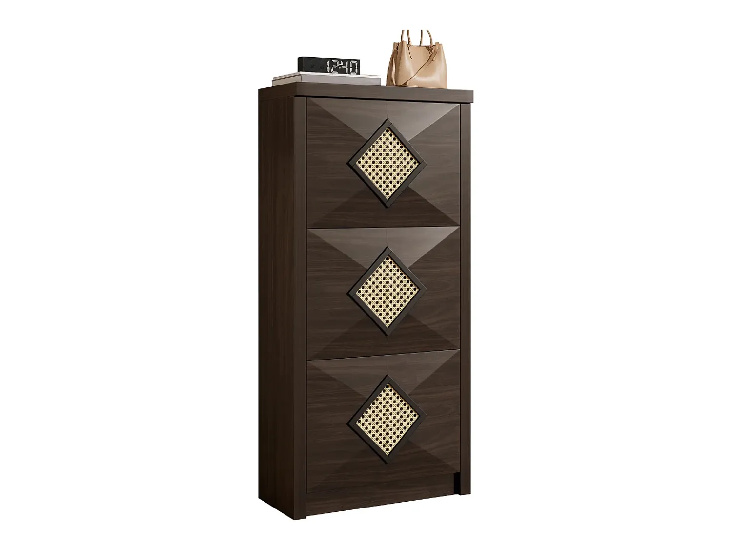 Discount Merax Sapateira vintage com decoração em rattan - 54 x 25 x 115 cm - com 3 compartimentos basculantes - aglomerado - cor natural escura Natural escuro
