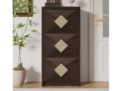 Discount Merax Sapateira vintage com decoração em rattan - 54 x 25 x 115 cm - com 3 compartimentos basculantes - aglomerado - cor natural escura Natural escuro