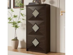 Discount Merax Sapateira vintage com decoração em rattan - 54 x 25 x 115 cm - com 3 compartimentos basculantes - aglomerado - cor natural escura Natural escuro