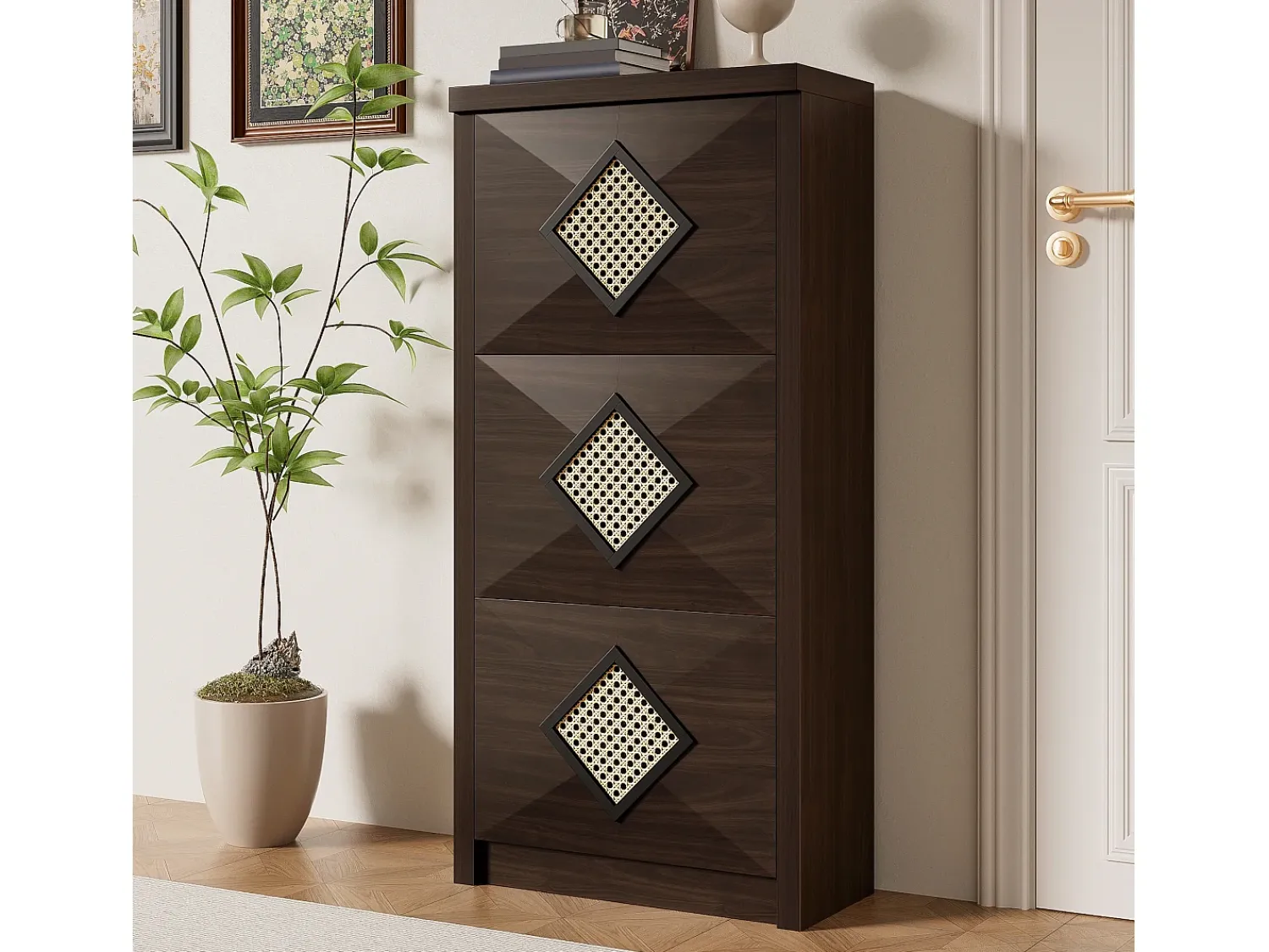 Discount Merax Sapateira vintage com decoração em rattan - 54 x 25 x 115 cm - com 3 compartimentos basculantes - aglomerado - cor natural escura Natural escuro