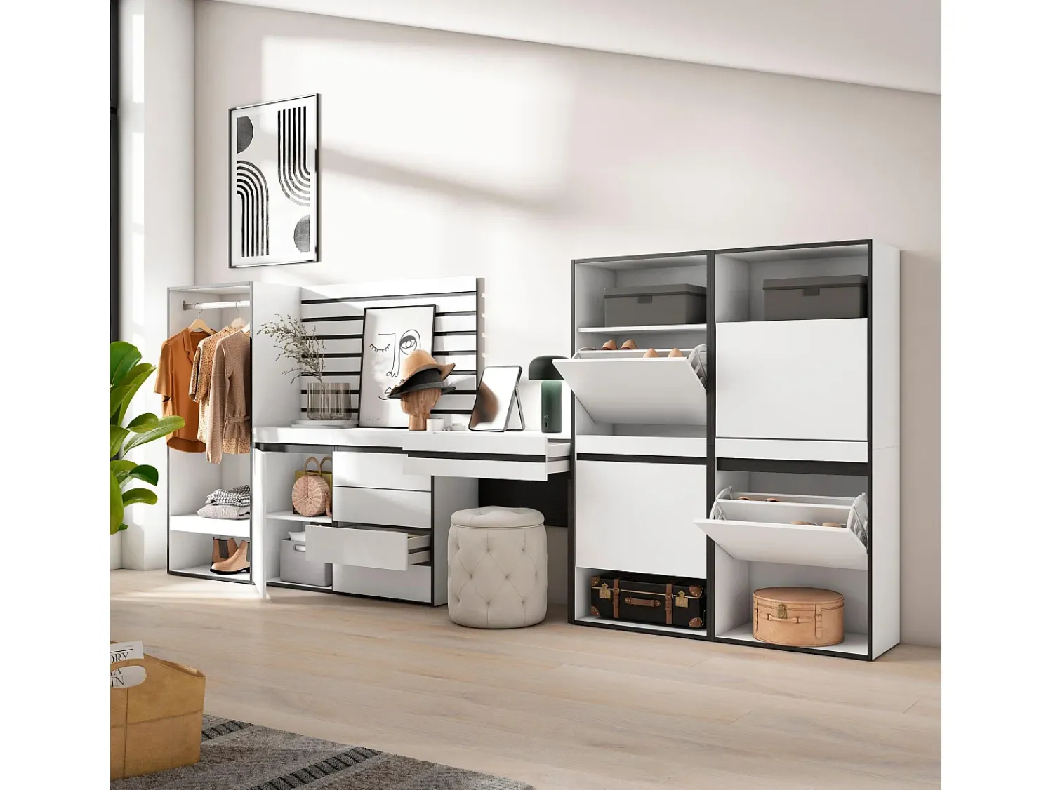 Móvel De Entrada|Skraut Home Sapateira, 335x57x145cm, Para quarto, dormitório, Roupeiro aberto, Cómoda, Tiras Deco. Madeira, Toucador, Branco