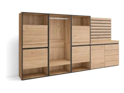 Skraut Home Sapateira, 287x35x145cm, Para quarto, dormitório, Roupeiro aberto, Cómoda, Tiras Deco. Madeira, Carvalho Natural claro