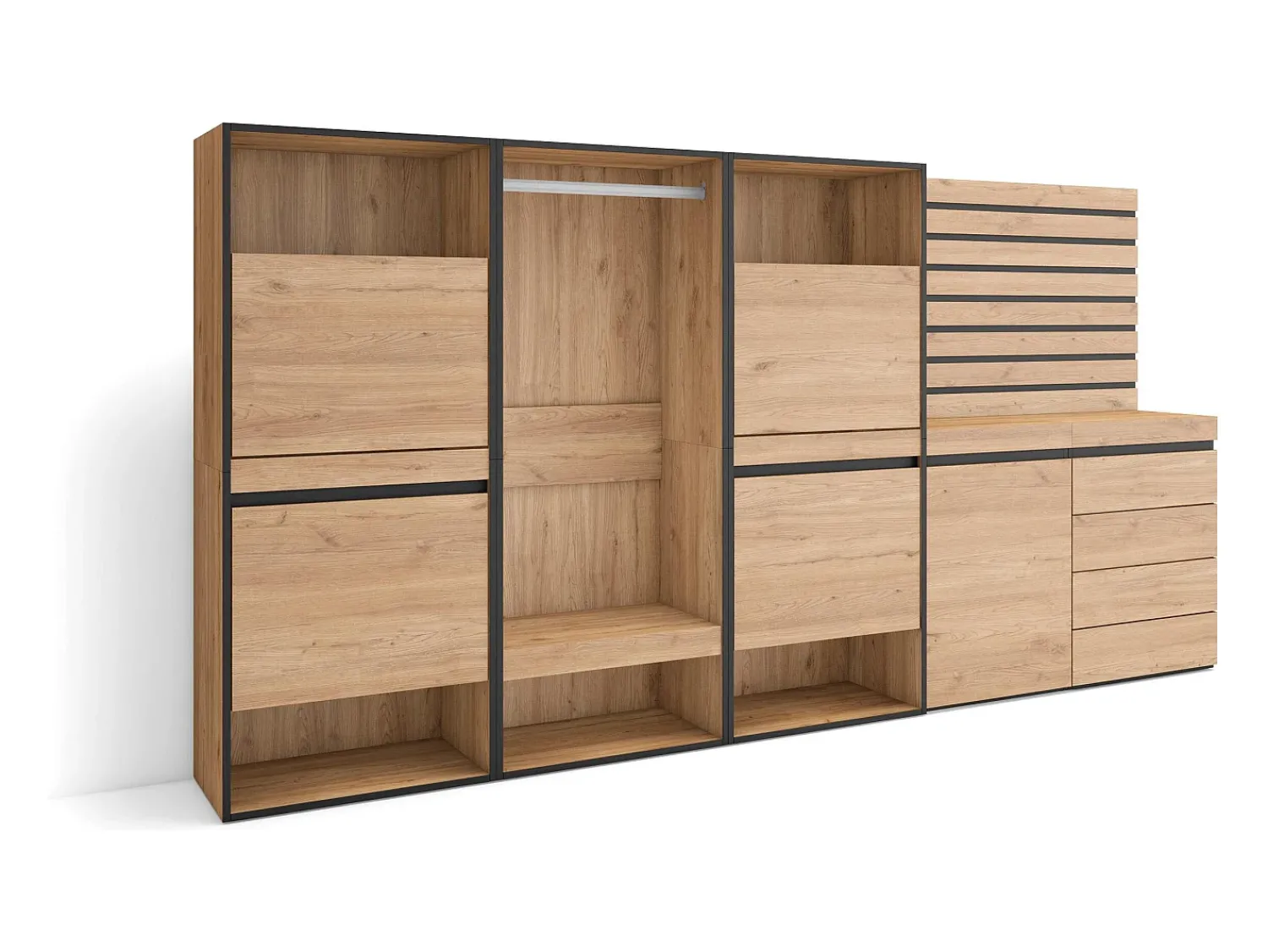 Skraut Home Sapateira, 287x35x145cm, Para quarto, dormitório, Roupeiro aberto, Cómoda, Tiras Deco. Madeira, Carvalho Natural claro