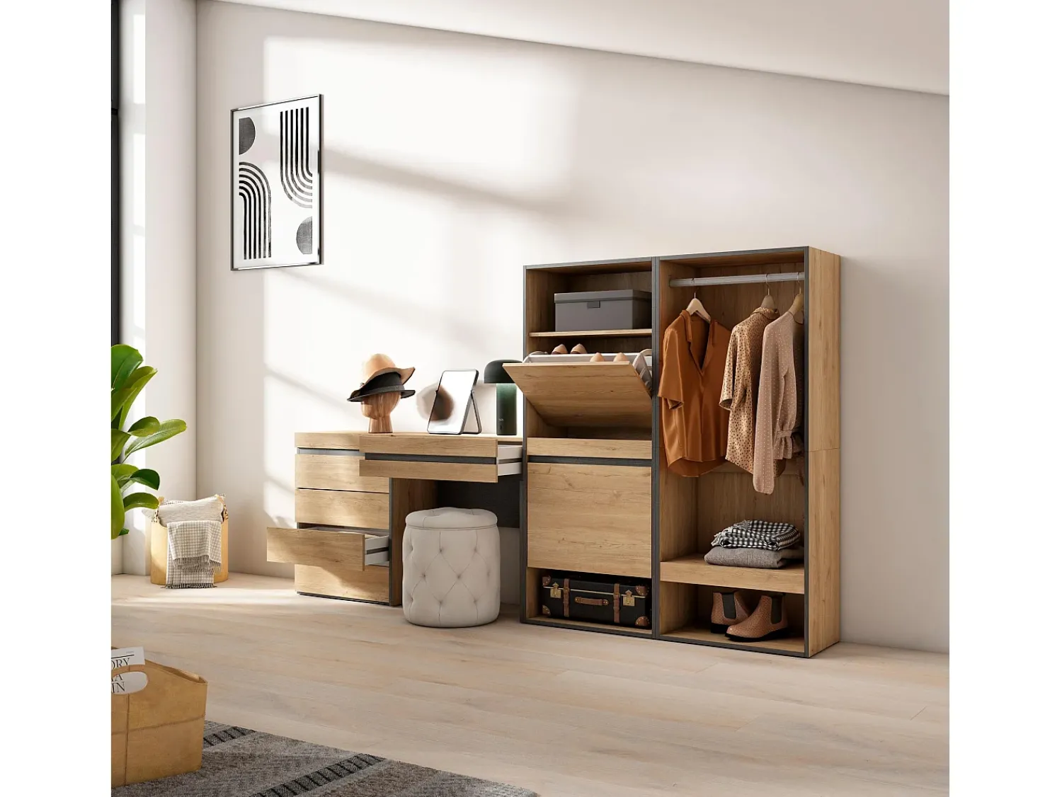 Skraut Home Sapateira, 247x35x145cm, Para quarto, dormitório, Roupeiro aberto, Cómoda, Toucador, Carvalho^ Móvel De Arrumação|Sapateira