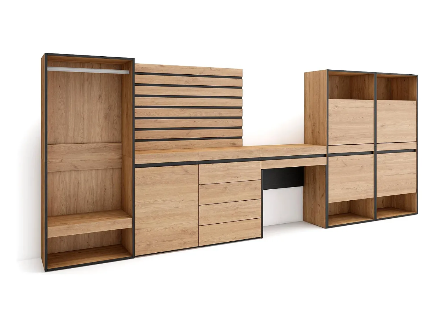 Sale Skraut Home Sapateira, 335x57x145cm, Para quarto, dormitório, Roupeiro aberto, Cómoda, Tiras Deco. Madeira, Toucador, Carvalho Natural claro
