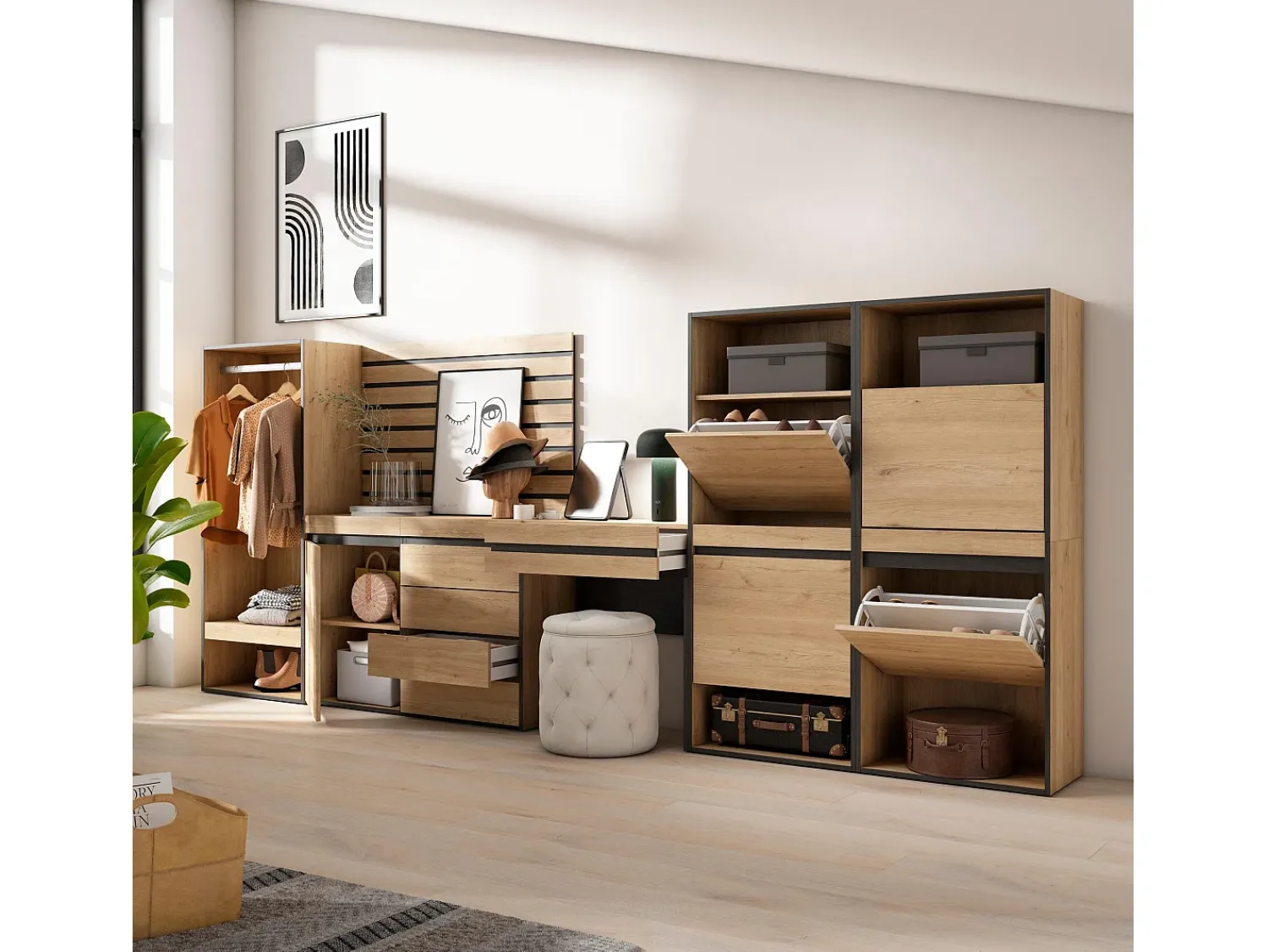 Sale Skraut Home Sapateira, 335x57x145cm, Para quarto, dormitório, Roupeiro aberto, Cómoda, Tiras Deco. Madeira, Toucador, Carvalho Natural claro