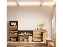Best Skraut Home Sapateira, 274x35x145cm, Para quarto, dormitório, Lareira eléctrica XXL, Cómoda, Carvalho Natural claro