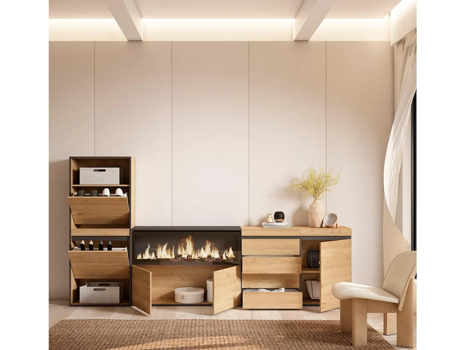 Best Skraut Home Sapateira, 274x35x145cm, Para quarto, dormitório, Lareira eléctrica XXL, Cómoda, Carvalho Natural claro