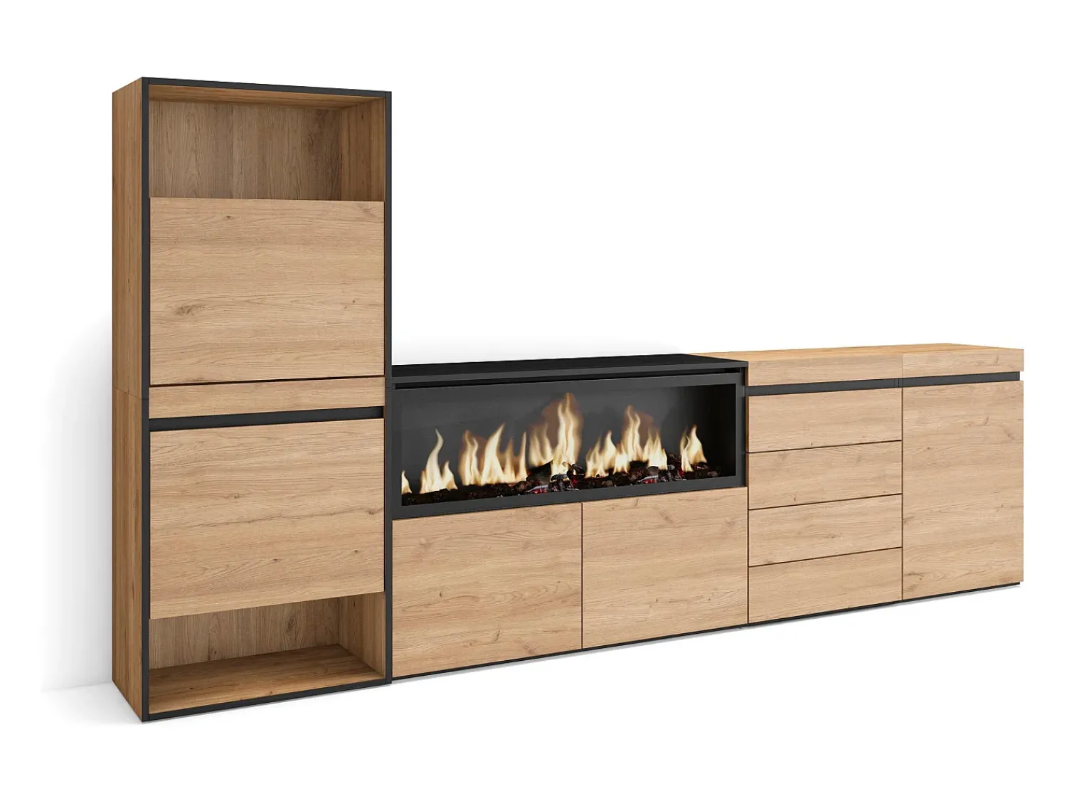 Best Skraut Home Sapateira, 274x35x145cm, Para quarto, dormitório, Lareira eléctrica XXL, Cómoda, Carvalho Natural claro