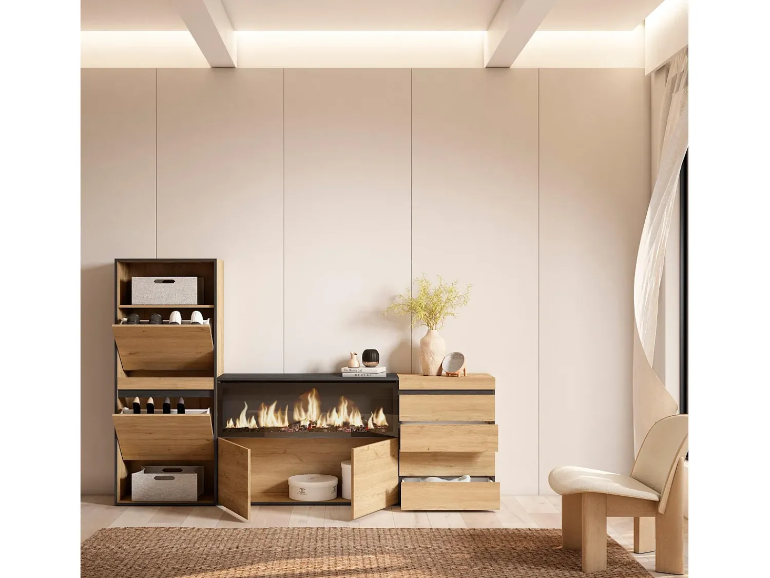 Skraut Home Sapateira, 224x35x145cm, Para quarto, dormitório, Lareira eléctrica XXL, Cómoda, Carvalho^ Móvel De Arrumação|Sapateira