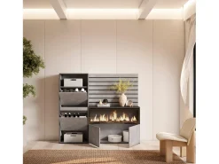 Móvel De Arrumação|Sapateira|Skraut Home Sapateira, 167x35x145cm, Para quarto, dormitório, Lareira eléctrica XXL, Tiras Deco. Madeira, Cimento Cinzento