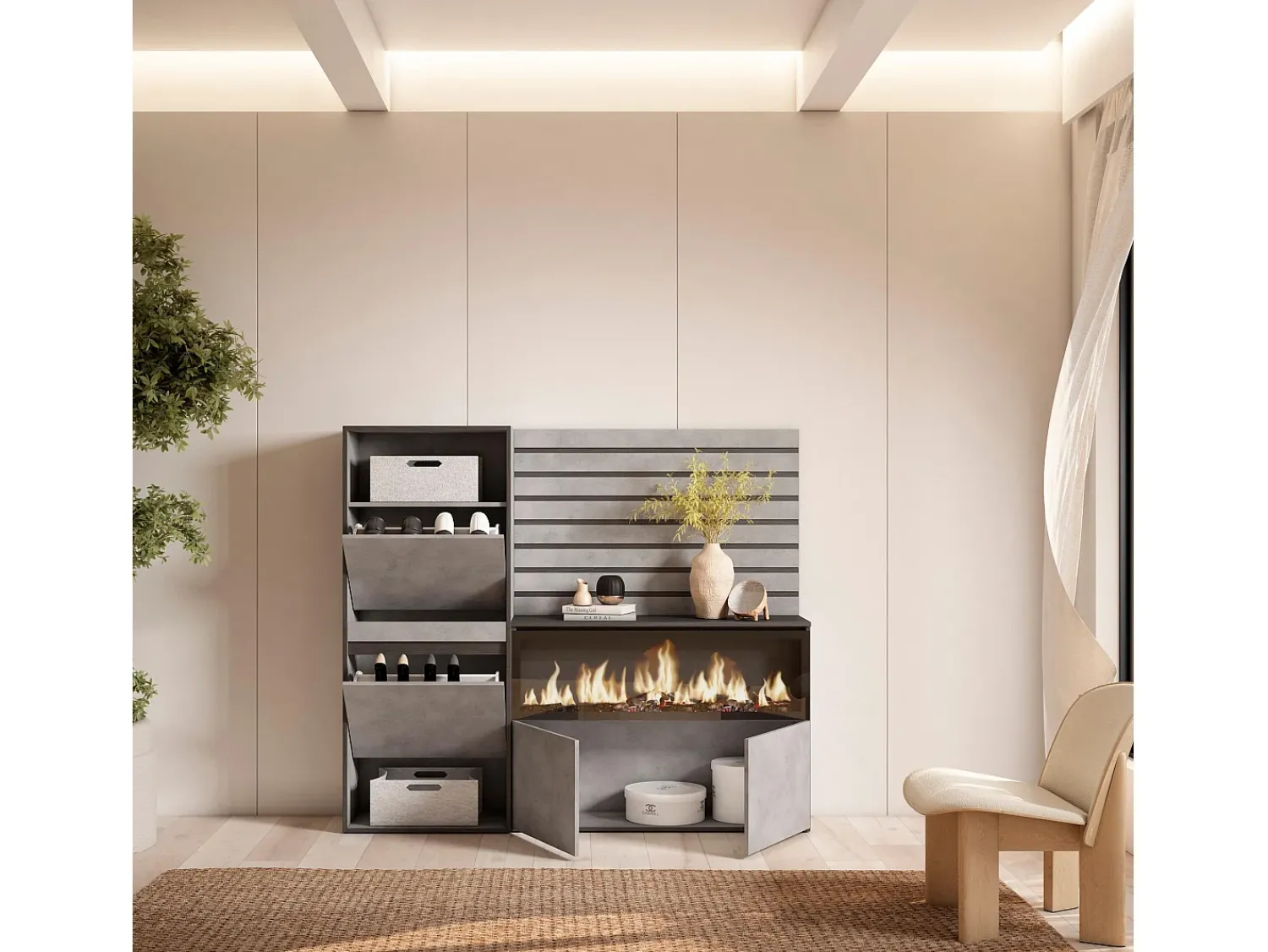 Móvel De Arrumação|Sapateira|Skraut Home Sapateira, 167x35x145cm, Para quarto, dormitório, Lareira eléctrica XXL, Tiras Deco. Madeira, Cimento Cinzento