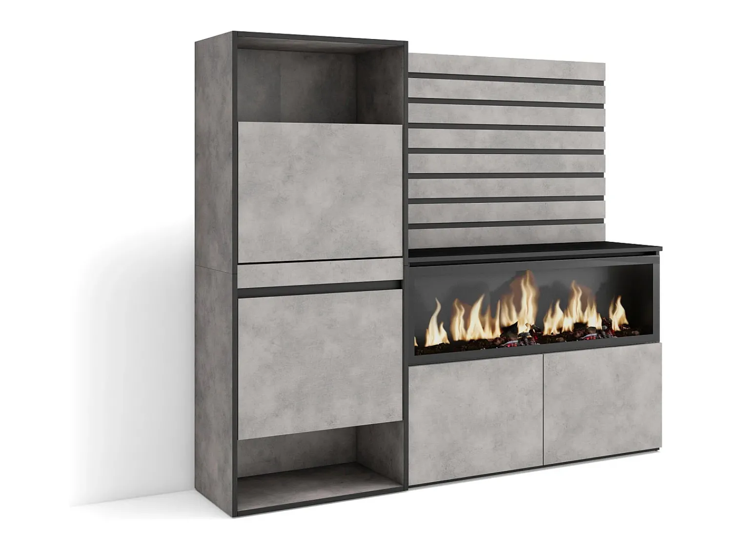 Móvel De Arrumação|Sapateira|Skraut Home Sapateira, 167x35x145cm, Para quarto, dormitório, Lareira eléctrica XXL, Tiras Deco. Madeira, Cimento Cinzento