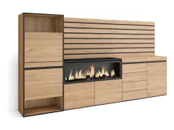 New Skraut Home Sapateira, 274x35x145cm, Para quarto, dormitório, Lareira eléctrica XXL, Cómoda, Tiras Deco. Madeira, Carvalho Natural claro