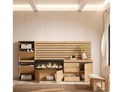 New Skraut Home Sapateira, 274x35x145cm, Para quarto, dormitório, Lareira eléctrica XXL, Cómoda, Tiras Deco. Madeira, Carvalho Natural claro